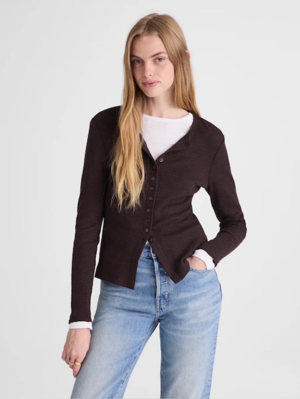 Madewell Chocolate Brown Waffle-Knit Cardigan Top Long Sleeve